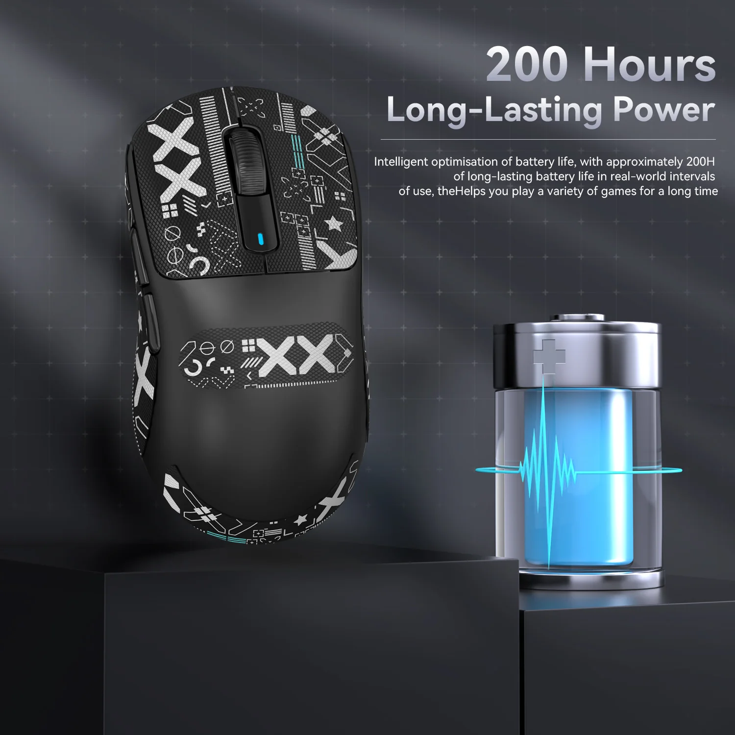 X3PRO gaming mouse highlighting 200 hours battery life with stylish design