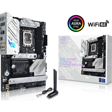 Product Overview Image Alt Text: ROG STRIX B760-F GAMING WIFI motherboard, featuring an ATX form factor with sleek black PCB, heatsinks, and integrated RGB lighting.