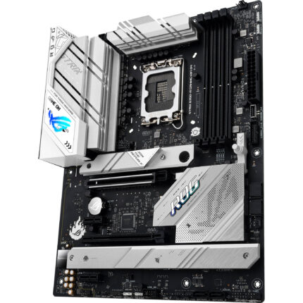 Product Overview Image Alt Text: ROG STRIX B760-F GAMING WIFI motherboard, featuring an ATX form factor with sleek black PCB, heatsinks, and integrated RGB lighting.