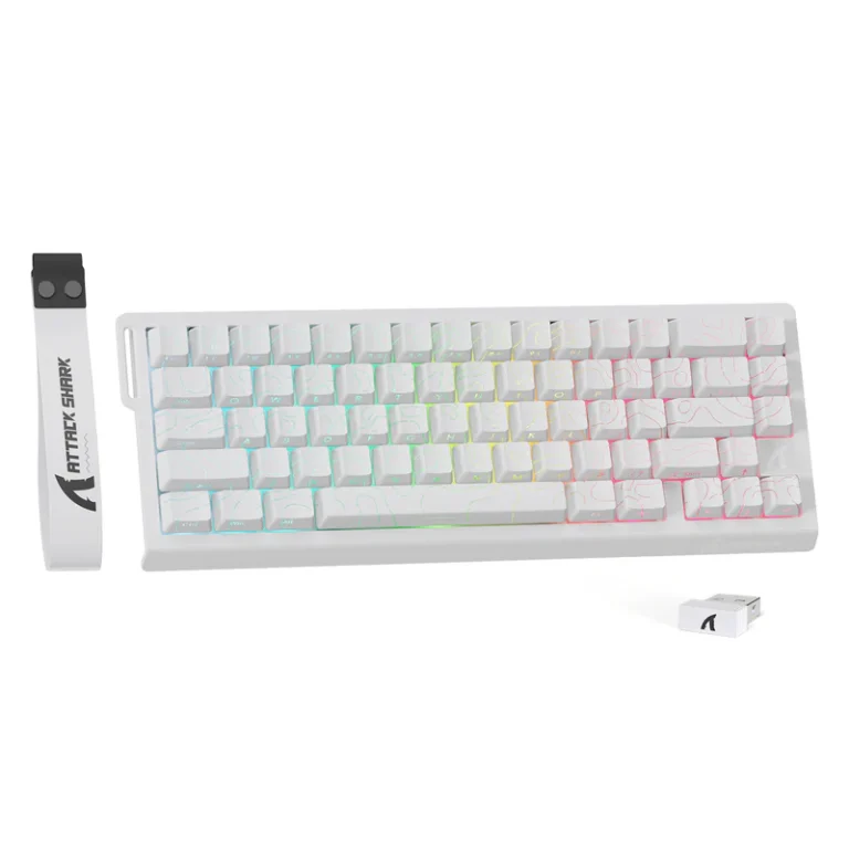 Top view of ATTACK SHARK X68PRO HE Wireless Keyboard (Contour White) with side-printed PBT keycaps, coiled USB-C cable, and RGB lighting.