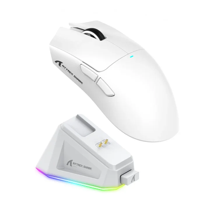Attack Shark X11 Wireless Gaming Mouse with RGB, adjustable DPI, and magnetic charging dock.