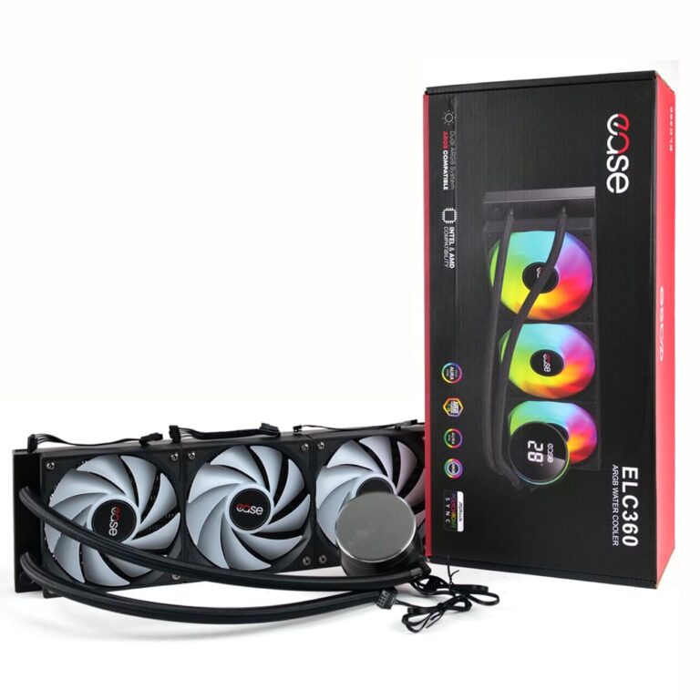 Ease ELC 360mm ARGB Liquid Cooler showing radiator, fans and pump head