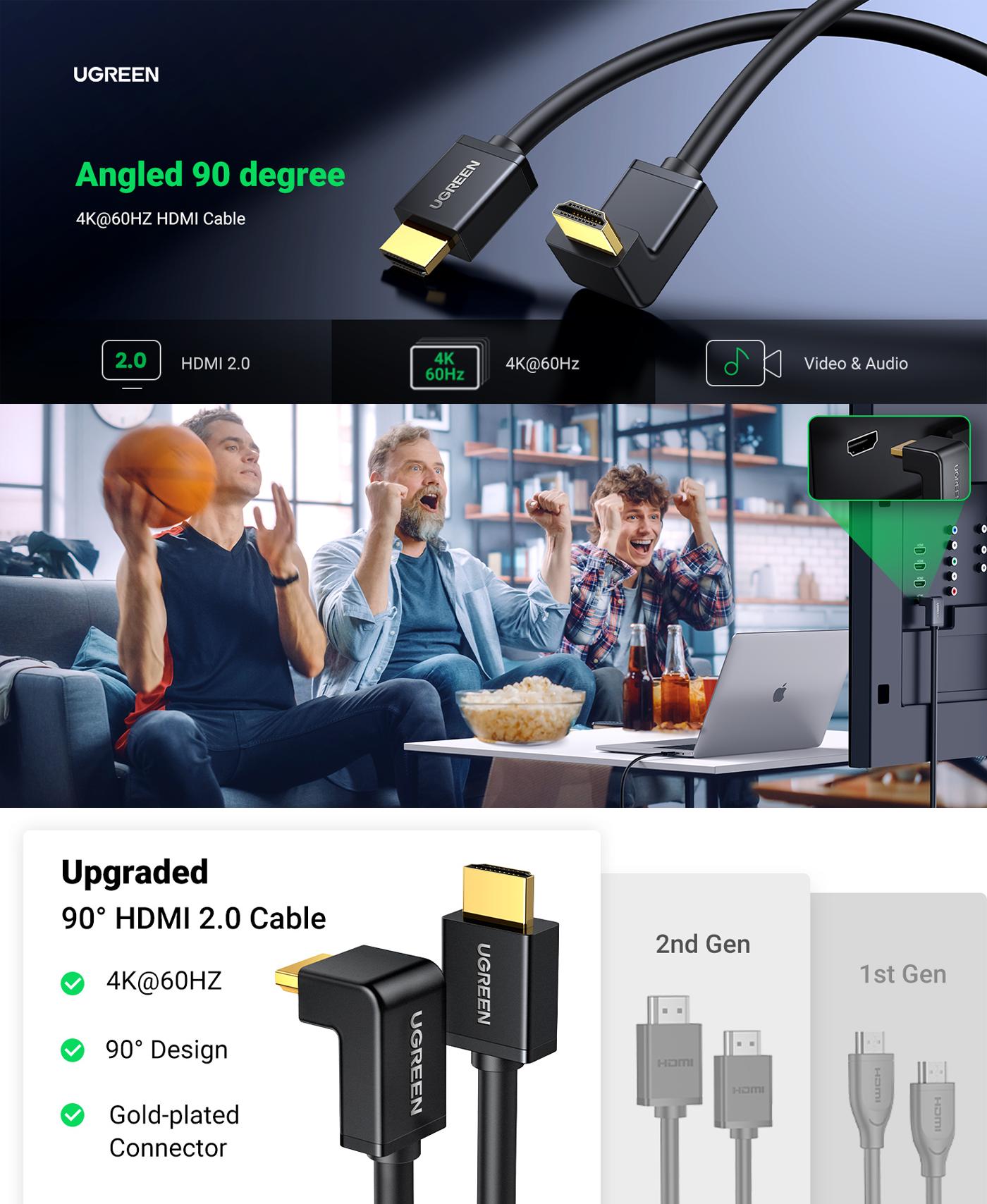 UGREEN HDMI 4K Cable Male to Male 90 Degree Black 2m