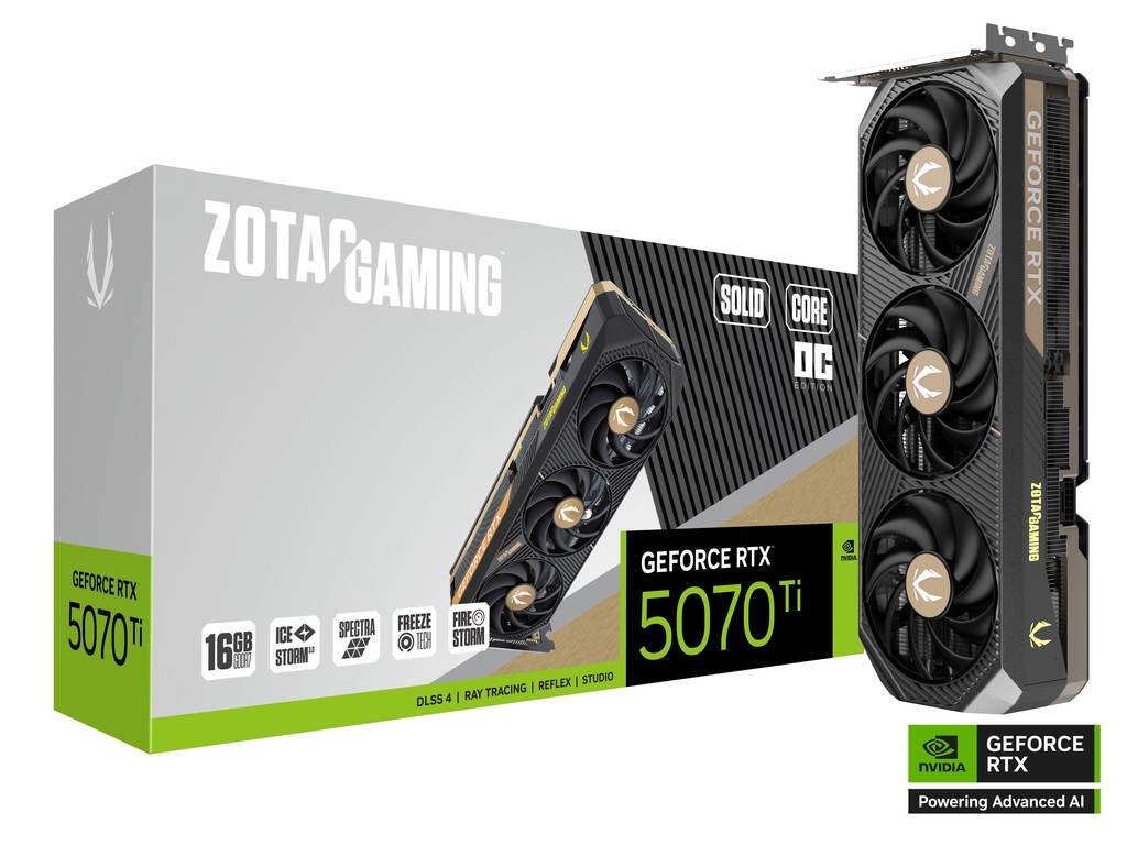 ZOTAC RTX 5070 Ti Solid Core OC Black Graphics Card with dual-fan cooling