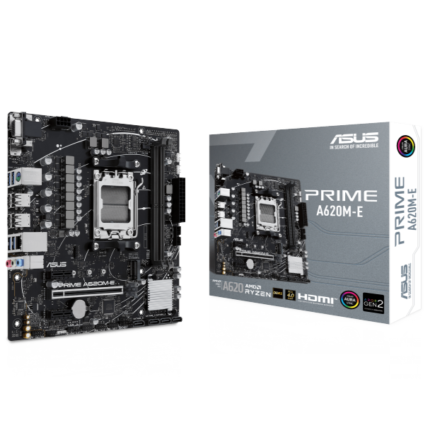 "ASUS PRIME A620M-E motherboard specification chart showing support for AMD AM5 Ryzen 9000, 8000, and 7000 Series CPUs, DDR5 memory up to 96GB and 7200+ MHz, PCIe 4.0 slot, M.2 and SATA storage, 1Gb Ethernet, USB 3.2 and USB 2.0 ports, DisplayPort, HDMI, VGA outputs, Realtek 7.1 surround sound, RGB headers, and micro-ATX form factor with ASUS 5X Protection and Aura Sync features."