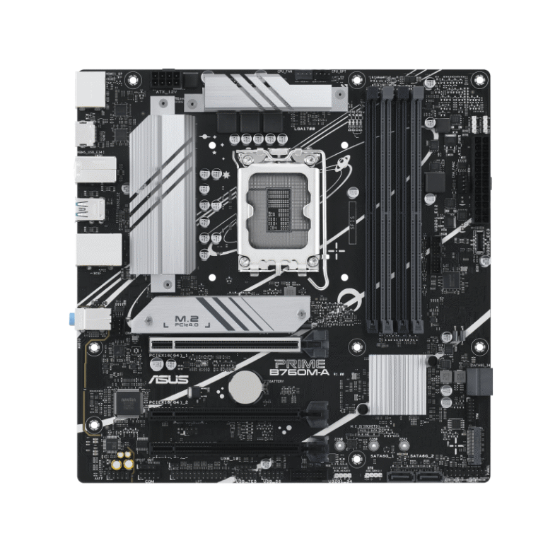 ASUS PRIME B760M-A motherboard front view with ports and heatsinks