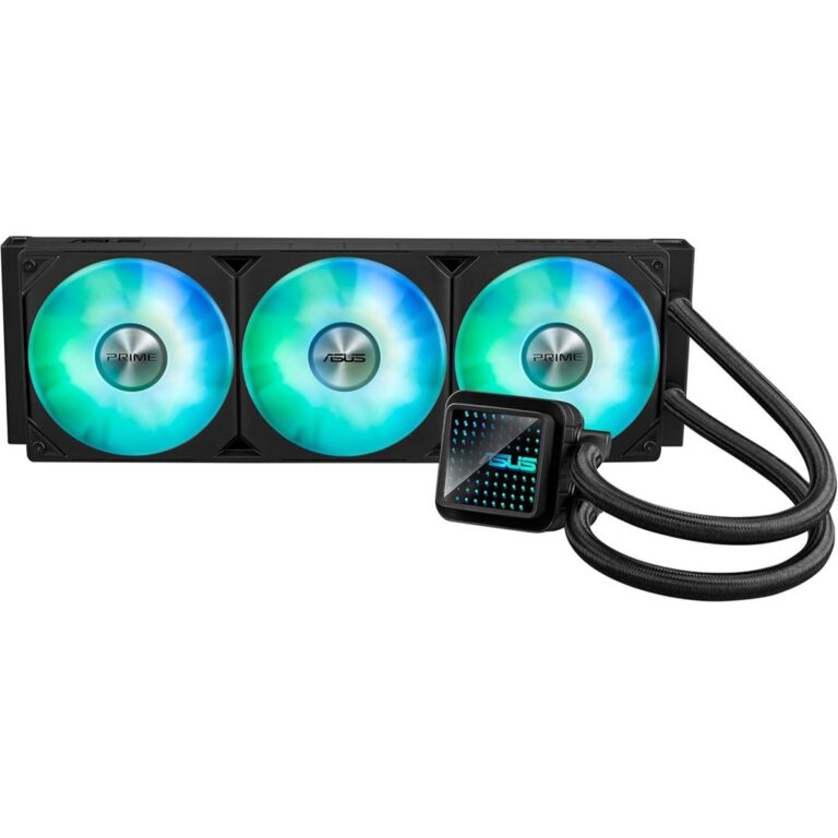 Alt Text: Prime LC 360 ARGB CPU Liquid Cooler featuring a 360mm aluminum radiator, triple 120mm PWM fans with ARGB lighting, copper CPU cold plate, sleeved rubber tubing, and support for AMD AM5/AM4 and Intel LGA 1851/1700/1200/115x sockets.