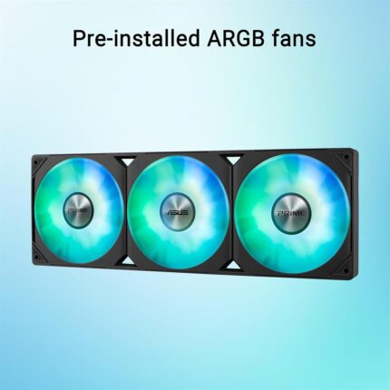 Alt Text: Prime LC 360 ARGB CPU Liquid Cooler featuring a 360mm aluminum radiator, triple 120mm PWM fans with ARGB lighting, copper CPU cold plate, sleeved rubber tubing, and support for AMD AM5/AM4 and Intel LGA 1851/1700/1200/115x sockets.