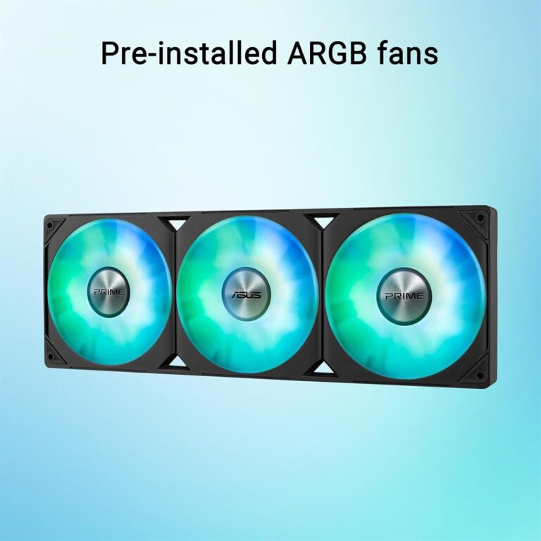 Alt Text: Prime LC 360 ARGB CPU Liquid Cooler featuring a 360mm aluminum radiator, triple 120mm PWM fans with ARGB lighting, copper CPU cold plate, sleeved rubber tubing, and support for AMD AM5/AM4 and Intel LGA 1851/1700/1200/115x sockets.