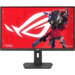 "Front view of the ASUS ROG Strix XG27UCS 27-inch 4K UHD gaming monitor with thin bezels and ROG branding, displayed on ergonomic stand."