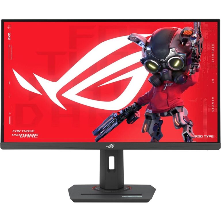 "Front view of the ASUS ROG Strix XG27UCS 27-inch 4K UHD gaming monitor with thin bezels and ROG branding, displayed on ergonomic stand."