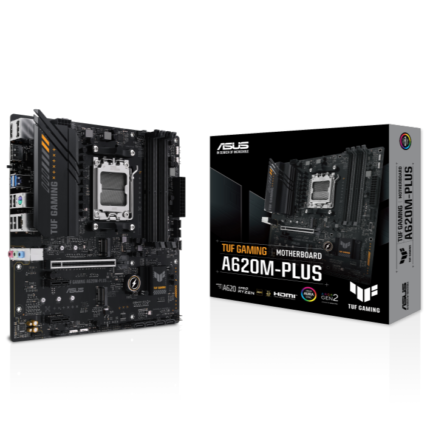 ASUS TUF GAMING A620M-PLUS motherboard featuring AMD Socket AM5, DDR5 memory support, dual PCIe 4.0 M.2 slots, Realtek 2.5Gb Ethernet, HDMI and DisplayPort outputs, reinforced PCIe slot, and Aura Sync RGB headers, in a micro-ATX form factor.