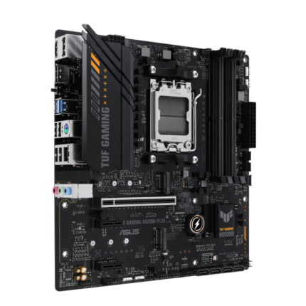 ASUS TUF GAMING A620M-PLUS motherboard featuring AMD Socket AM5, DDR5 memory support, dual PCIe 4.0 M.2 slots, Realtek 2.5Gb Ethernet, HDMI and DisplayPort outputs, reinforced PCIe slot, and Aura Sync RGB headers, in a micro-ATX form factor.