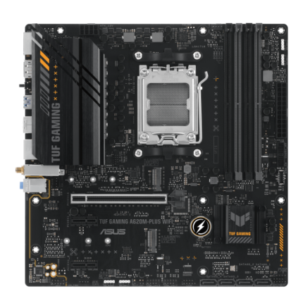 A high-performance motherboard designed for AMD Ryzen™ 9000, 8000, and 7000 Series processors. Features include up to 192GB DDR5 memory support, dual M.2 slots with PCIe 4.0, 2.5Gb Ethernet, Wi-Fi 6, and advanced cooling solutions. The board offers extensive connectivity options, including USB Type-C®, DisplayPort, HDMI, and 7.1 surround sound audio. With ASUS TUF Protection, RGB Aura Sync, and premium thermal solutions, it's built for gamers and creators seeking reliability and power.