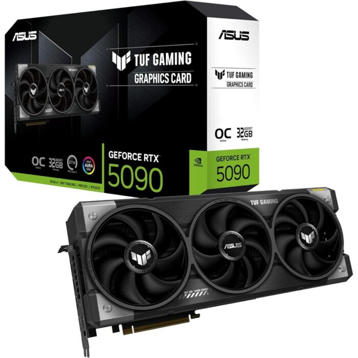 "ASUS TUF-RTX5090-32G-GAMING graphics card featuring NVIDIA GeForce RTX 5090 GPU with triple-fan cooling, 32GB GDDR7 memory, ARGB lighting, and rugged TUF Gaming design."