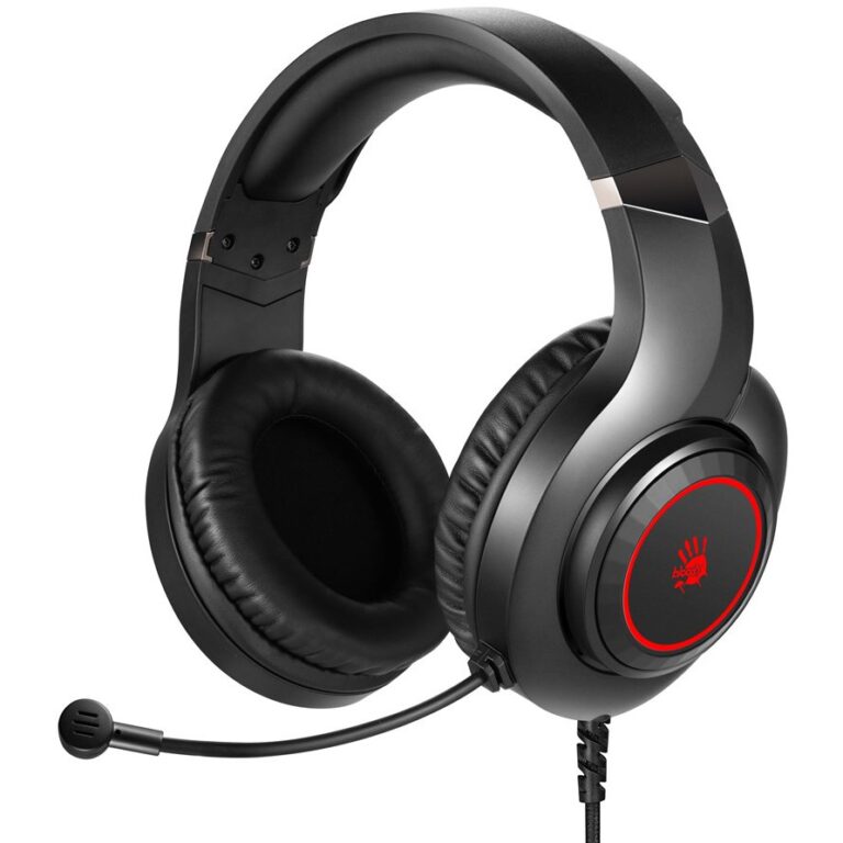"Bloody G220 Gaming Headset featuring a 50mm speaker unit, adjustable metal headband, large protein leather ear pads, single-directional noise-cancelling microphone, and 7-color LED circular breathing lights. Includes a durable, tangle-free braided cable for an immersive and comfortable gaming experience."