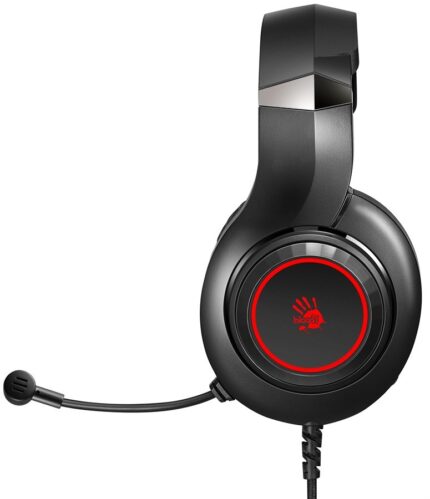 "Bloody G220 Gaming Headset featuring a 50mm speaker unit, adjustable metal headband, large protein leather ear pads, single-directional noise-cancelling microphone, and 7-color LED circular breathing lights. Includes a durable, tangle-free braided cable for an immersive and comfortable gaming experience."