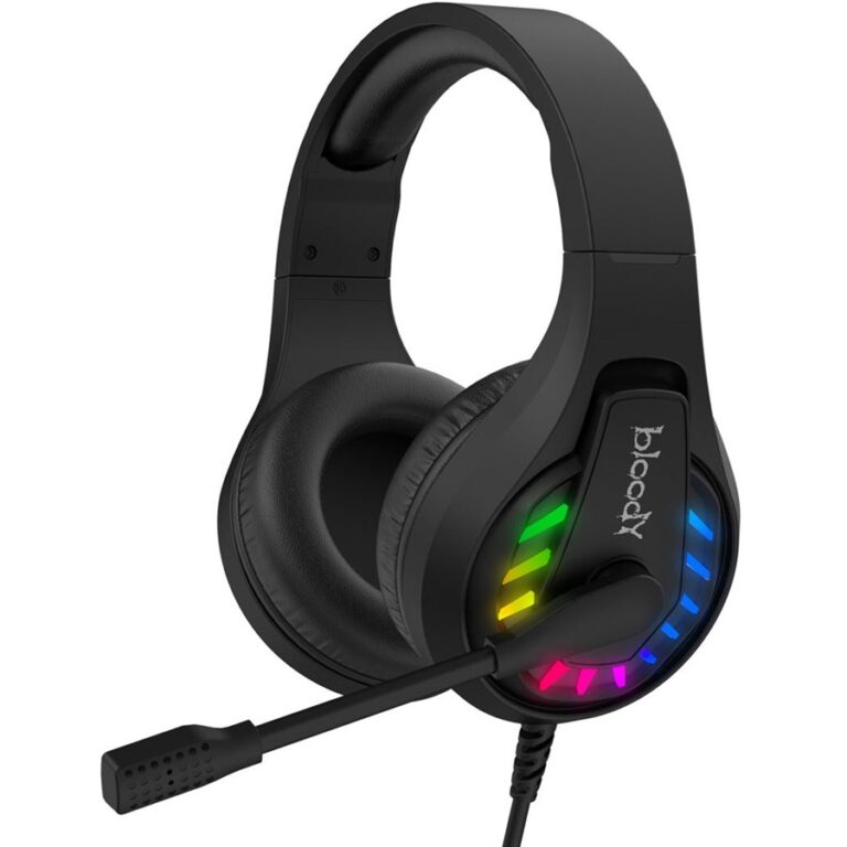 “Gaming headset with 7.1 virtual surround sound, neon backlit earcups, and soft leather ear pads.”