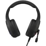 “Gaming headset with 7.1 virtual surround sound, neon backlit earcups, and soft leather ear pads.”