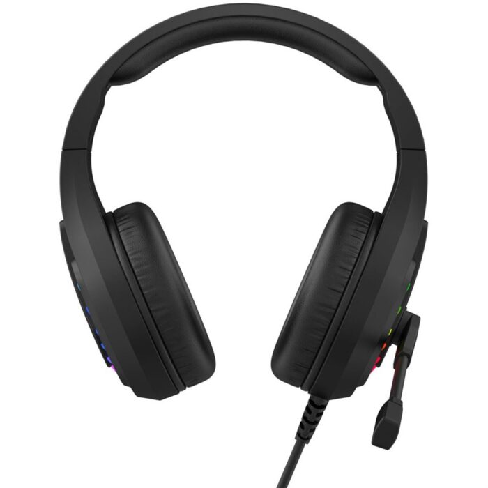“Gaming headset with 7.1 virtual surround sound, neon backlit earcups, and soft leather ear pads.”