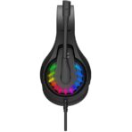 “Gaming headset with 7.1 virtual surround sound, neon backlit earcups, and soft leather ear pads.”
