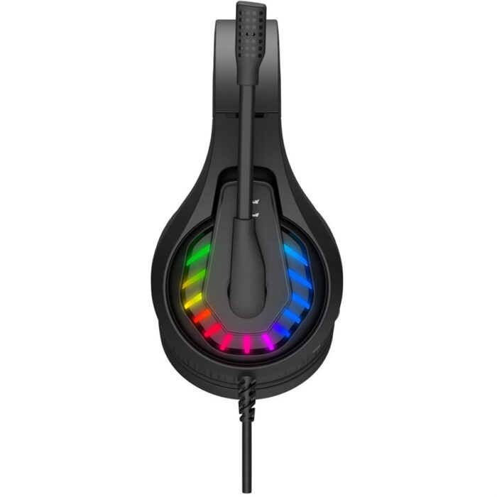 “Gaming headset with 7.1 virtual surround sound, neon backlit earcups, and soft leather ear pads.”