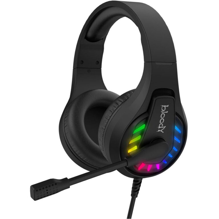 "Bloody G230P Gaming Headphone with neon backlighting and soft leather ear pads."