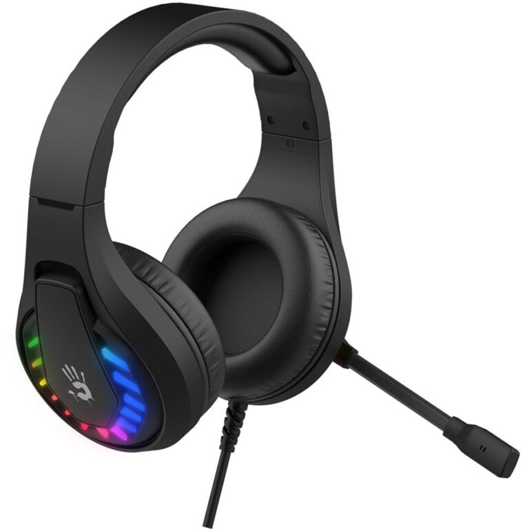 "Bloody G230P Gaming Headphone with neon backlighting and soft leather ear pads."