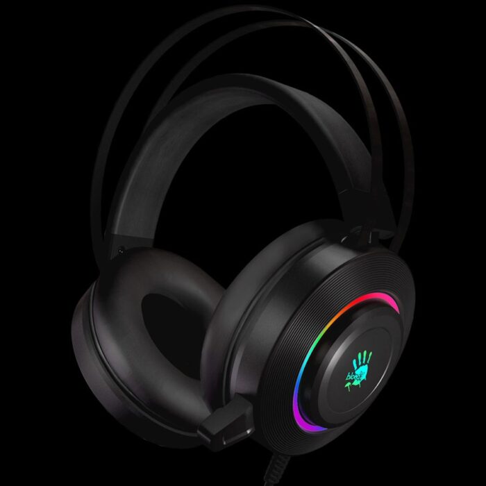 “Bloody high-end gaming headphones with LED-lit earcups and over-ear design.”