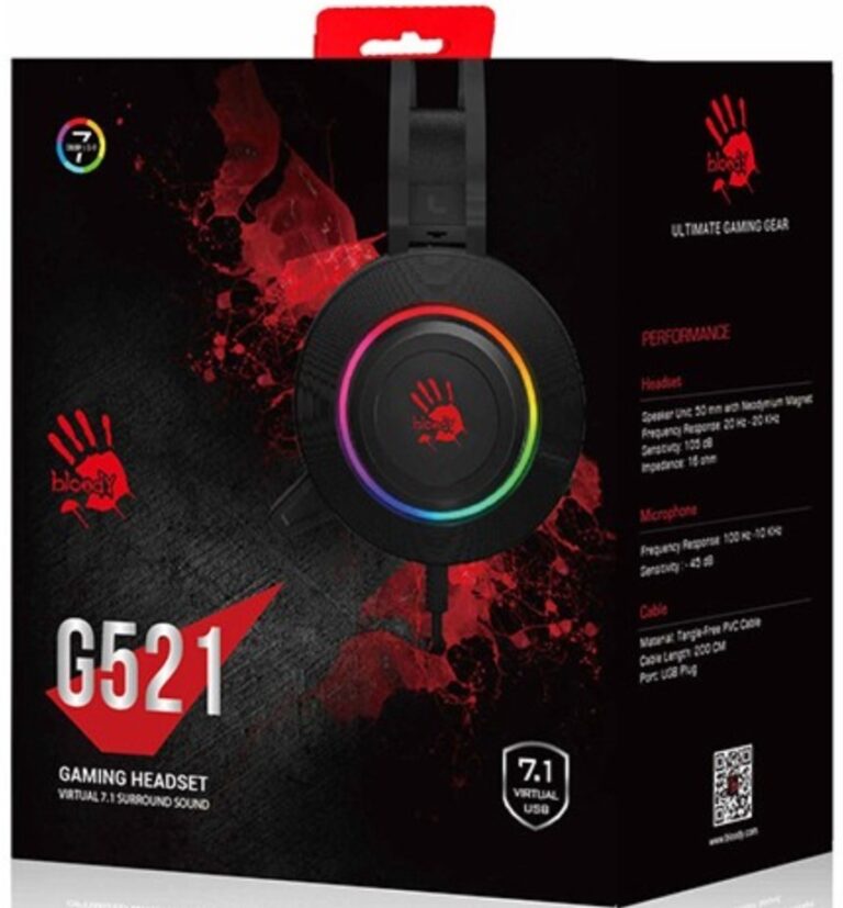 “Bloody high-end gaming headphones with LED-lit earcups and over-ear design.”