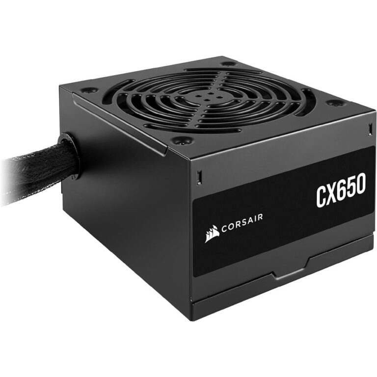 "Specifications chart of a 650W ATX power supply unit featuring 80 PLUS Bronze efficiency, 120mm sleeve-bearing fan, non-modular Type 4 cables, and connectors including 1 ATX, 1 EPS, 2 PCIe, and 3 SATA. Rated for 100,000 hours MTBF with a 5-year warranty."