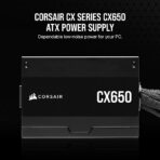"Specifications chart of a 650W ATX power supply unit featuring 80 PLUS Bronze efficiency, 120mm sleeve-bearing fan, non-modular Type 4 cables, and connectors including 1 ATX, 1 EPS, 2 PCIe, and 3 SATA. Rated for 100,000 hours MTBF with a 5-year warranty."