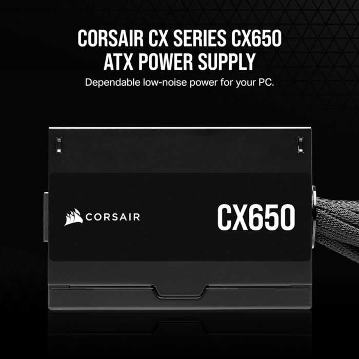 "Specifications chart of a 650W ATX power supply unit featuring 80 PLUS Bronze efficiency, 120mm sleeve-bearing fan, non-modular Type 4 cables, and connectors including 1 ATX, 1 EPS, 2 PCIe, and 3 SATA. Rated for 100,000 hours MTBF with a 5-year warranty."