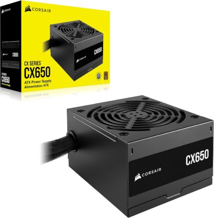 "Specifications chart of a 650W ATX power supply unit featuring 80 PLUS Bronze efficiency, 120mm sleeve-bearing fan, non-modular Type 4 cables, and connectors including 1 ATX, 1 EPS, 2 PCIe, and 3 SATA. Rated for 100,000 hours MTBF with a 5-year warranty."