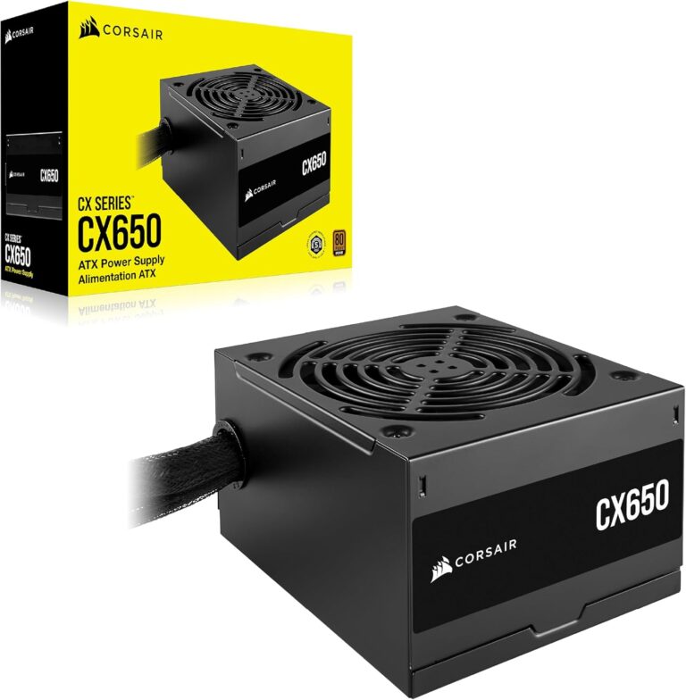"Specifications chart of a 650W ATX power supply unit featuring 80 PLUS Bronze efficiency, 120mm sleeve-bearing fan, non-modular Type 4 cables, and connectors including 1 ATX, 1 EPS, 2 PCIe, and 3 SATA. Rated for 100,000 hours MTBF with a 5-year warranty."