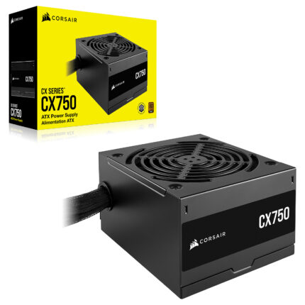 "750W ATX power supply unit with 80 PLUS Bronze efficiency, 120mm sleeve fan, non-modular Type 4 cables, and multiple connectors including 1 EPS, 3 SATA, and 2 PCIe. Supports ATX12V v2.31 standard with a 5-year warranty."