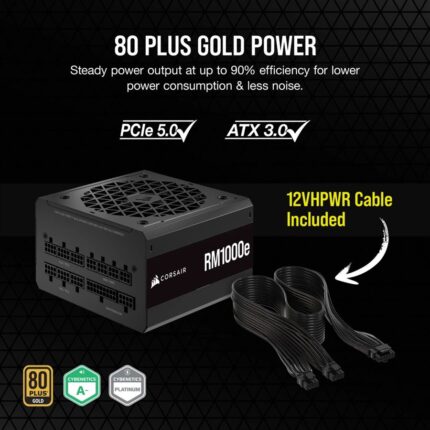 "Product specifications chart for a power supply unit (PSU) showing key features such as Cybenetics Gold efficiency, A- noise rating, fully modular design, 1000W continuous power, and support for Modern Standby. The chart includes details on connectors (4 PATA, 2 EPS, 7 SATA, 3 PCIe, 1 ATX), Zero RPM mode, and MTBF of 100,000 hours. The PSU is designed with Type 4 cables and complies with the ATX12V Version 3.1 standard, measuring 140x150x86 mm. It also emphasizes 80 PLUS Gold efficiency and a quiet, reliable operation."