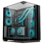 Ease EC125B Premium Mid-Tower ATX Gaming Case in black with panoramic tempered glass panels, five ARGB fans, and vertical GPU mounting, designed for high airflow and optimal cooling.