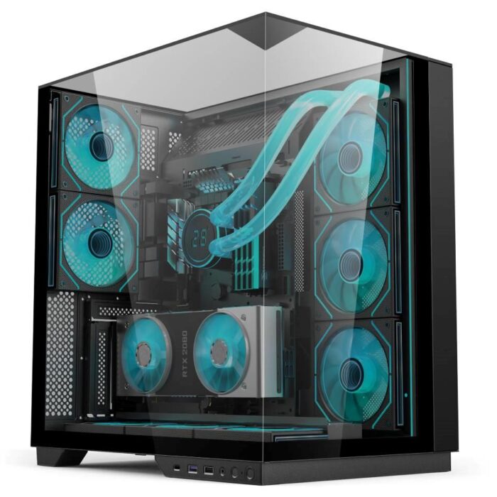 Ease EC125B Premium Mid-Tower ATX Gaming Case in black with panoramic tempered glass panels, five ARGB fans, and vertical GPU mounting, designed for high airflow and optimal cooling.