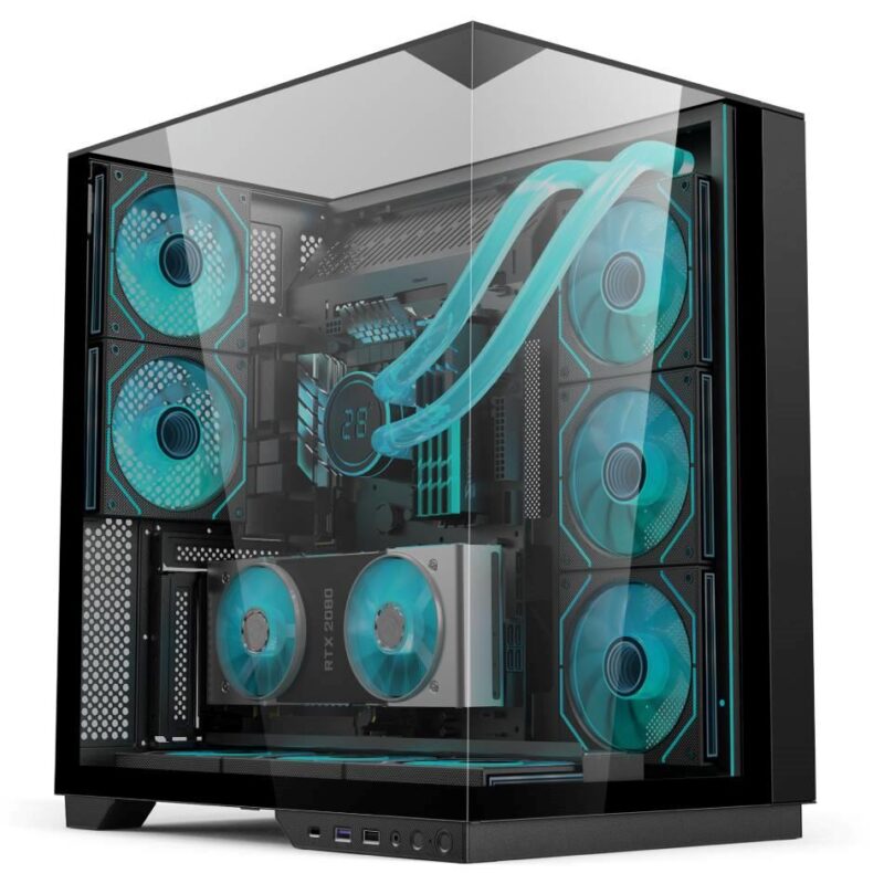 Ease EC125B Premium Mid-Tower ATX Gaming Case in black with panoramic tempered glass panels, five ARGB fans, and vertical GPU mounting, designed for high airflow and optimal cooling.