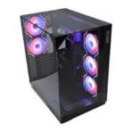 "Ease EC125B Premium Mid-Tower ATX Gaming Case in black with panoramic tempered glass panels, five ARGB fans, and vertical GPU mounting, designed for high airflow and optimal cooling."