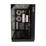 "Ease EC125B Premium Mid-Tower ATX Gaming Case in black with panoramic tempered glass panels, five ARGB fans, and vertical GPU mounting, designed for high airflow and optimal cooling."