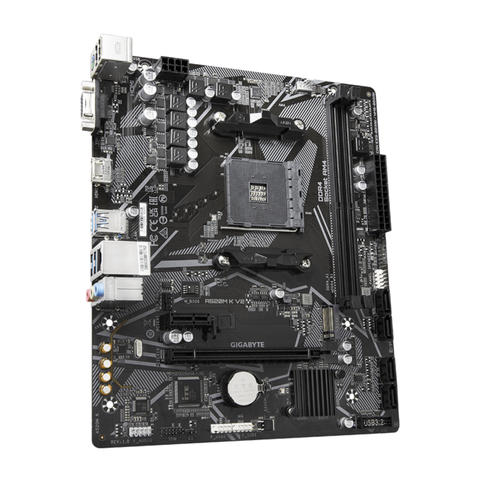 "Gigabyte A520M K V2 AMD AM4 MicroATX Motherboard with DDR4 slots and Realtek Ethernet ports"