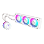 "Liquid CPU cooler with triple 120mm ARGB fans, sleeved rubber tubing, and LCD pump block."