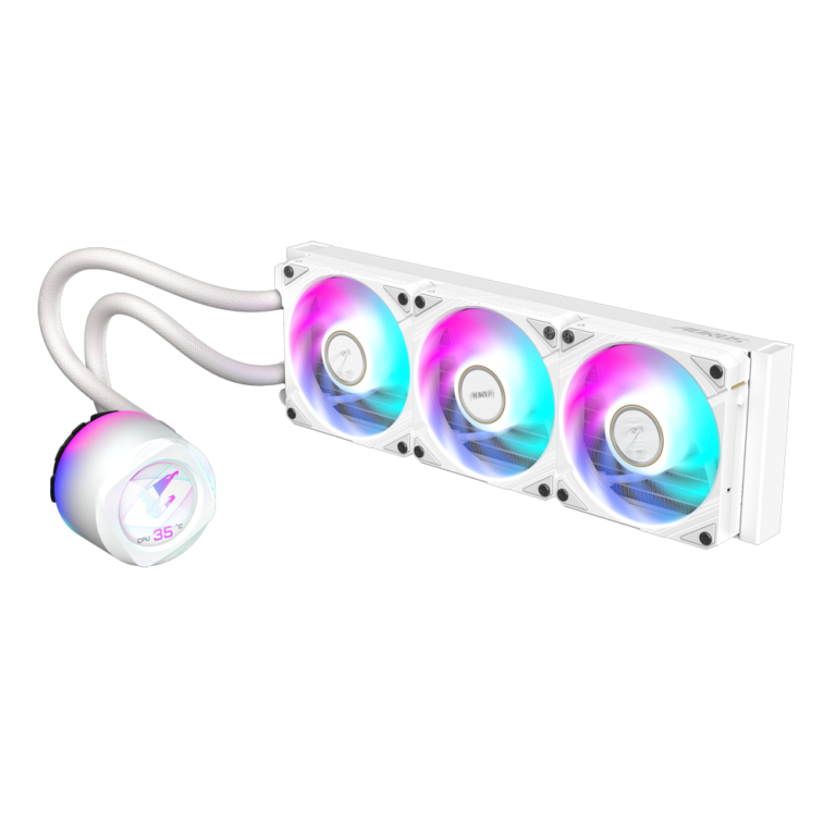 "Liquid CPU cooler with triple 120mm ARGB fans, sleeved rubber tubing, and LCD pump block."