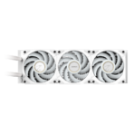 "Liquid CPU cooler with triple 120mm ARGB fans, sleeved rubber tubing, and LCD pump block."