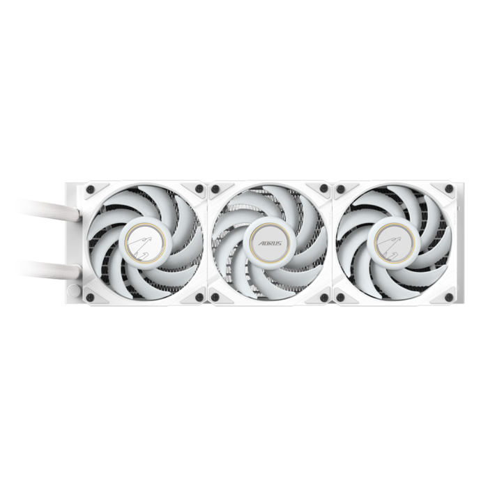"Liquid CPU cooler with triple 120mm ARGB fans, sleeved rubber tubing, and LCD pump block."