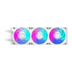 "Liquid CPU cooler with triple 120mm ARGB fans, sleeved rubber tubing, and LCD pump block."