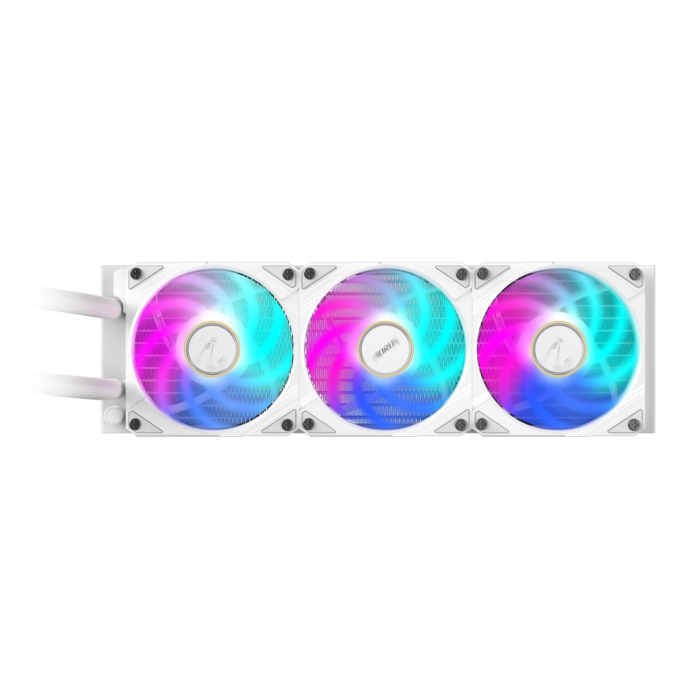 "Liquid CPU cooler with triple 120mm ARGB fans, sleeved rubber tubing, and LCD pump block."