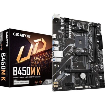 "Gigabyte B450M K AMD AM4 motherboard with micro ATX form factor, supporting Ryzen processors, DDR4 memory, and high-speed storage options."
